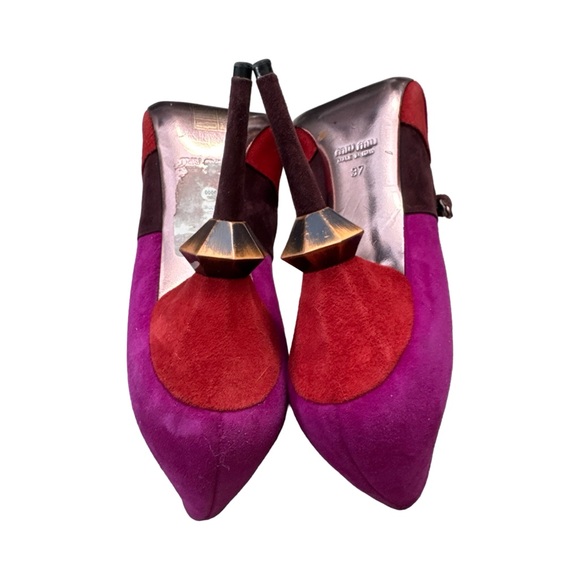 Miu Miu Colorblock Suede Mary Jane Heels Size 37 Sculptural Heel Designer Pink - Picture 6 of 11